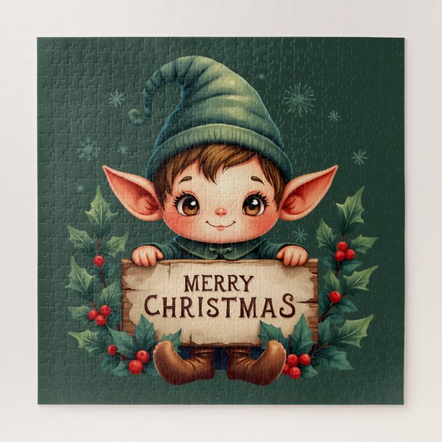 Cute Christmas Elf Holding Merry Sign Green (Vertikal)
