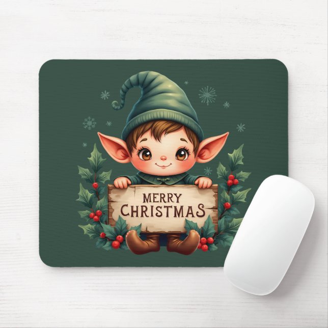 Cute Christmas Elf Holding Merry Sign Green Mousepad (Mit Mouse)