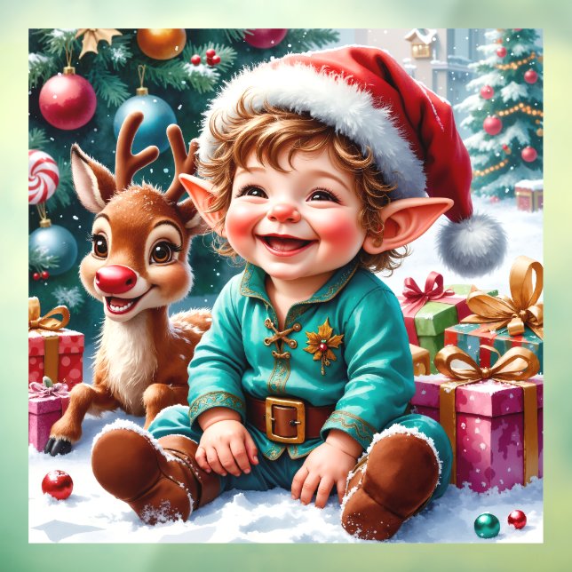 Cute Christmas Elf & Reindeer  Fensteraufkleber (Blatt 3)