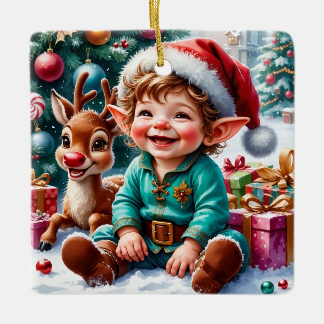 Cute Christmas Elf & Reindeer  Keramikornament (Vorderseite)