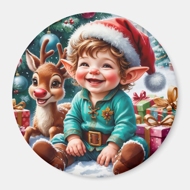 Cute Christmas Elf & Reindeer  Magnet (Vorne)