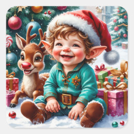 Cute Christmas Elf & Reindeer Quadratischer Aufkleber