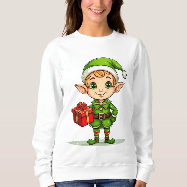 Cute Christmas Elf with Gift – Holiday Sweatshirt  (Vorderseite)