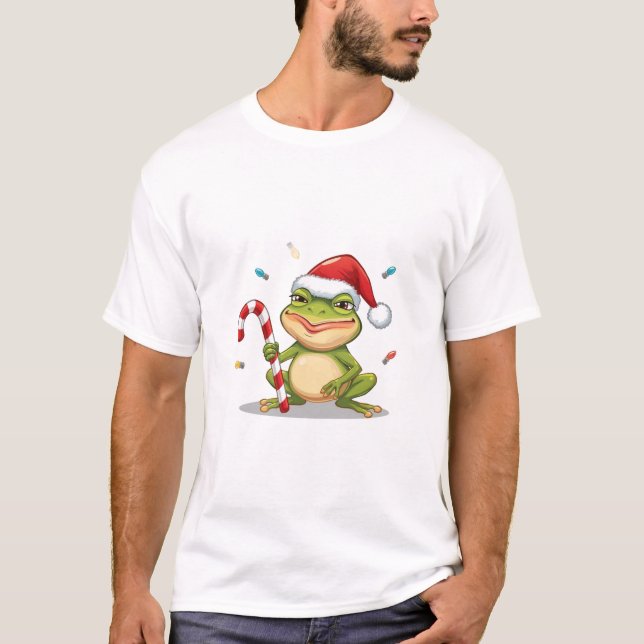 Cute Christmas Frog With Candy Cane - Funny Holida T-Shirt (Vorderseite)