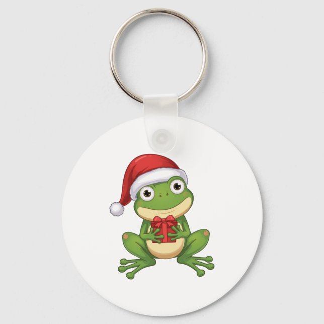 Cute Christmas Frog with Santa Hat and Gift |  Fun Schlüsselanhänger (Vorderseite)
