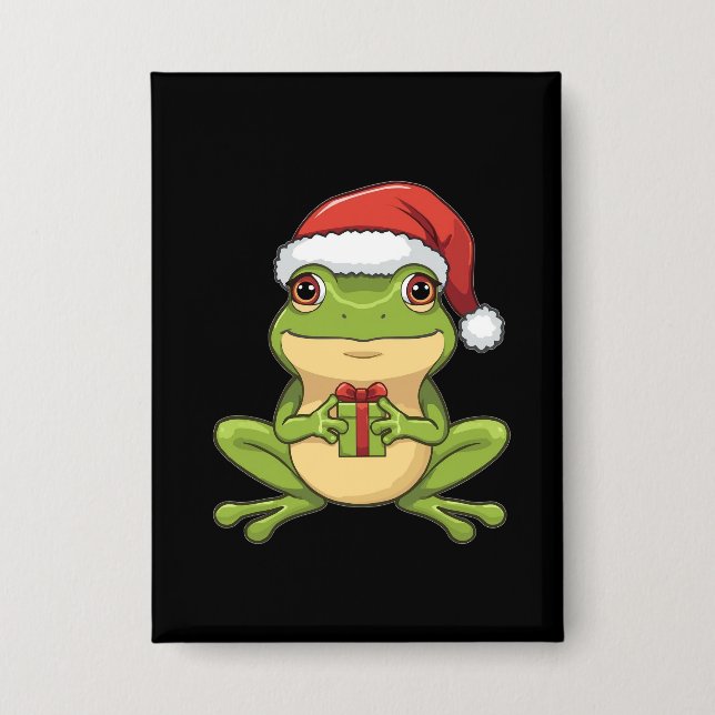 Cute Christmas Frog with Santa Hat Holding  Gift - Button (Vorderseite)