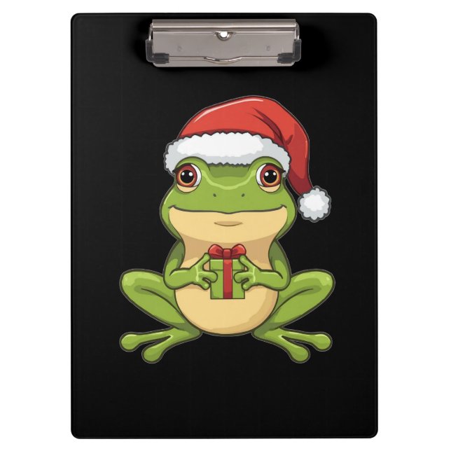 Cute Christmas Frog with Santa Hat Holding  Gift - Klemmbrett (Vorderseite)