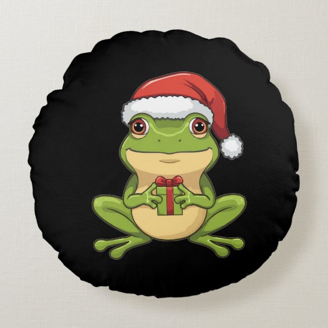 Cute Christmas Frog with Santa Hat Holding  Gift - Rundes Kissen (Vorderseite)