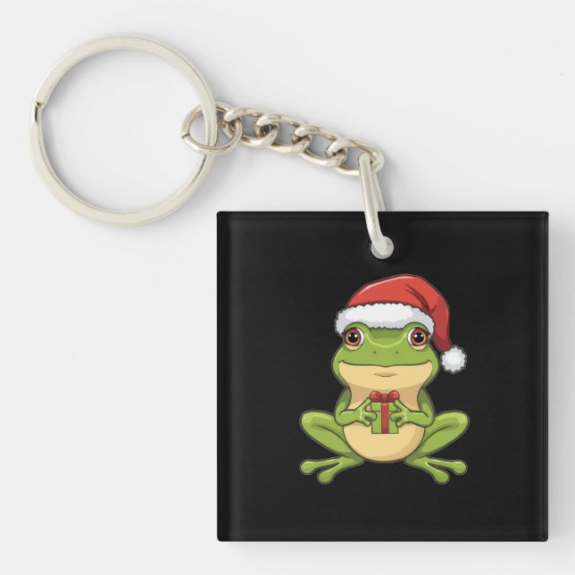 Cute Christmas Frog with Santa Hat Holding  Gift - Schlüsselanhänger (Vorderseite)