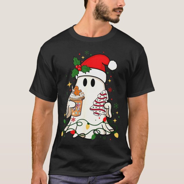 Cute Christmas Ghost Coffee Tree Cake Xmas Lights  T-Shirt (Vorderseite)