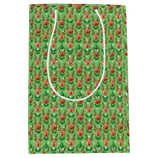 Cute Christmas Gift Bag–Deer, Trees & Holly Mittlere Geschenktüte (Vorderseite)
