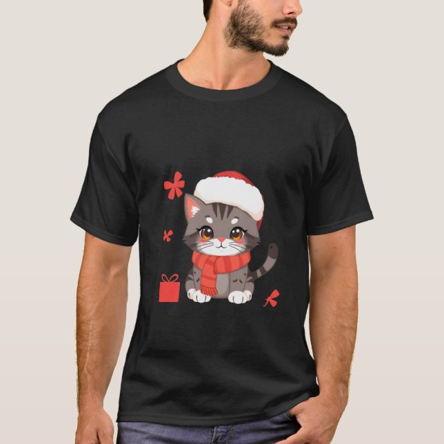 Cute Christmas Grey Cat Santa Hat Holiday Art ✨🐾 T-Shirt (Vorderseite)