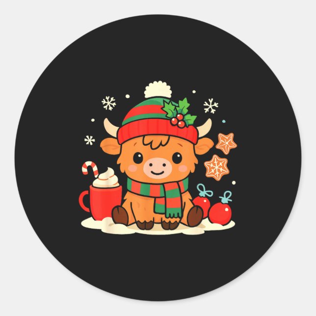 Cute Christmas Highland Cow Heifer Xmas Farm Anima Runder Aufkleber (Vorderseite)