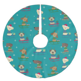 Cute Christmas Holiday Dogs on Sleds Pattern Polyester Weihnachtsbaumdecke