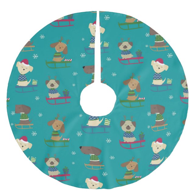 Cute Christmas Holiday Dogs on Sleds Pattern Polyester Weihnachtsbaumdecke (Vorderseite)