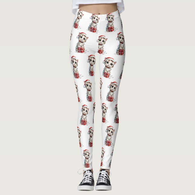 Cute Christmas Kitten on Gift Box Leggings (Vorderseite)