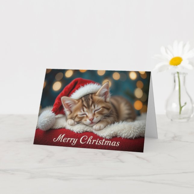 Cute Christmas Kitten on Red Festive Santa Hat  Karte (Kleine Pflanze)