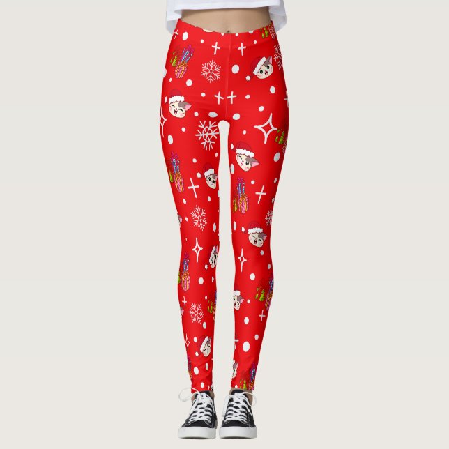 Cute Christmas Kitty Red Leggings (Devant)