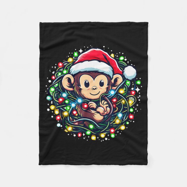 Cute Christmas Monkey Santa Hat Lights Monkey Wome Fleecedecke (Vorderseite)