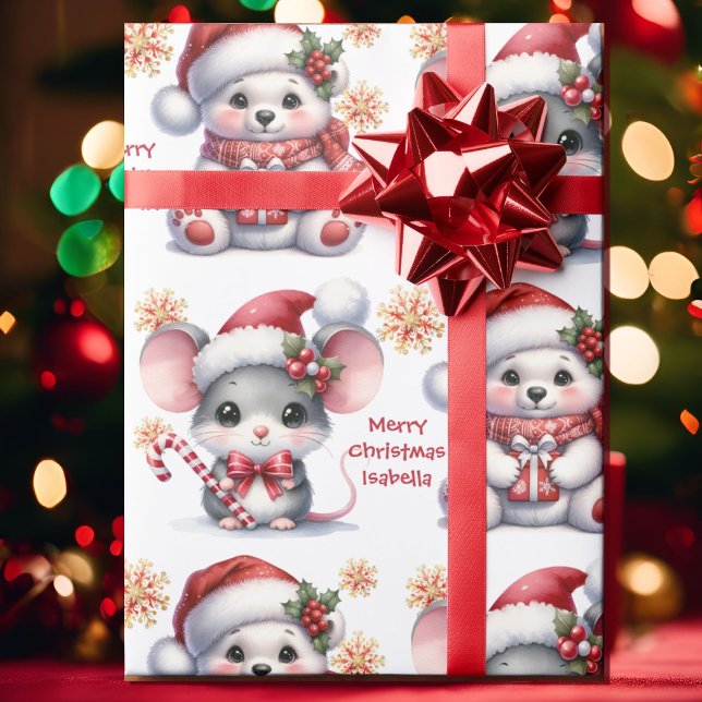 Cute Christmas Mouse Bear Personalize Name Kids Geschenkpapier (Von Creator hochgeladen)