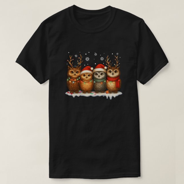 Cute Christmas Owls with Santa Hats & Reindeer  T-Shirt (Design vorne)