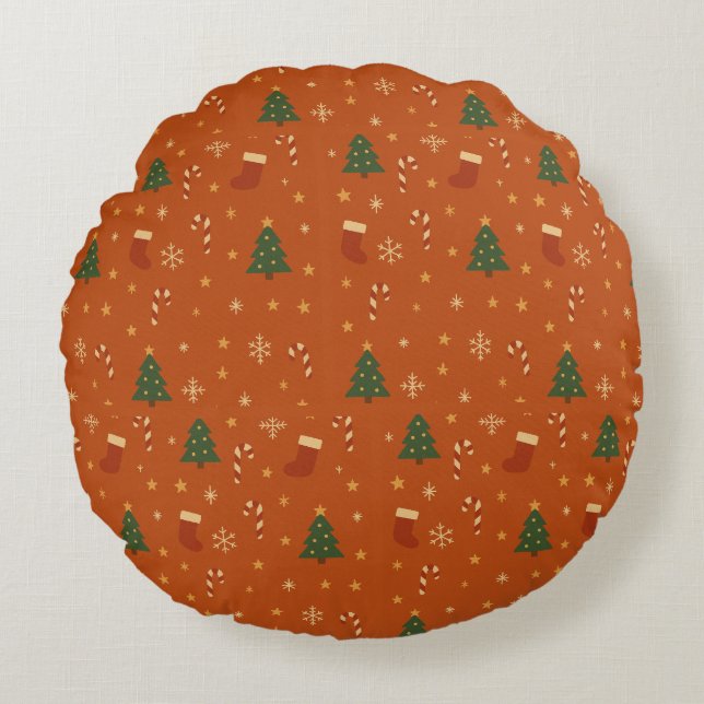 Cute Christmas Pattern – Candy Canes, Trees  Rundes Kissen (Vorderseite)