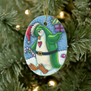 CUTE CHRISTMAS PENGUIN DRESSED IN GREEN, HOLIDAY KERAMIK ORNAMENT