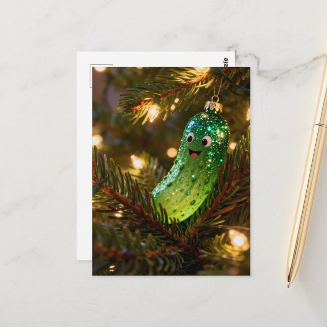 Cute Christmas Pickle in a Tree Postkarte (Vorderseite/Rückseite Beispiel)