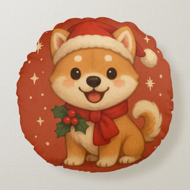 Cute Christmas Puppy Rundes Kissen (Vorderseite)