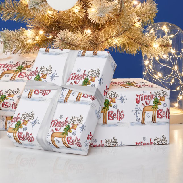 Cute Christmas Reindeer, Jingle Bells Snowflakes Geschenkpapier (Feiertage)