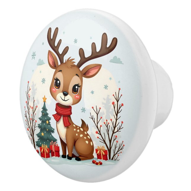 Cute Christmas Reindeer Scene Snowy Forest Keramikknauf (Rechts)