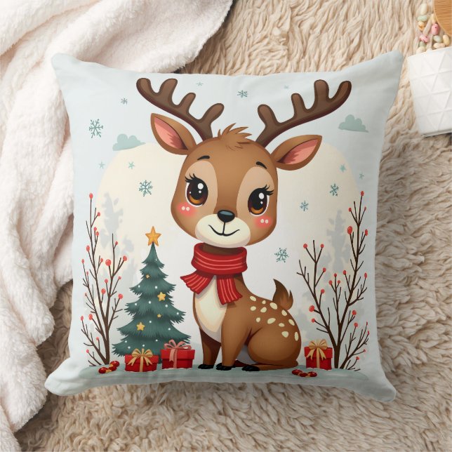 Cute Christmas Reindeer Scene Snowy Forest Kissen (Decke)