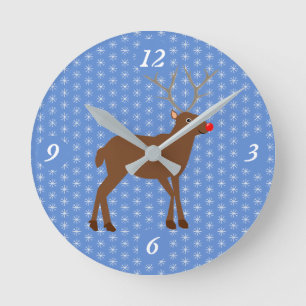 Cute Christmas Reindeer with Red Nose Runde Wanduhr