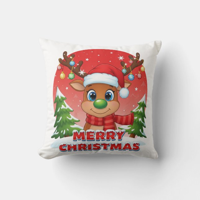 Cute Christmas Reindeer with Santa Hat Ornaments Kissen (Vorderseite)