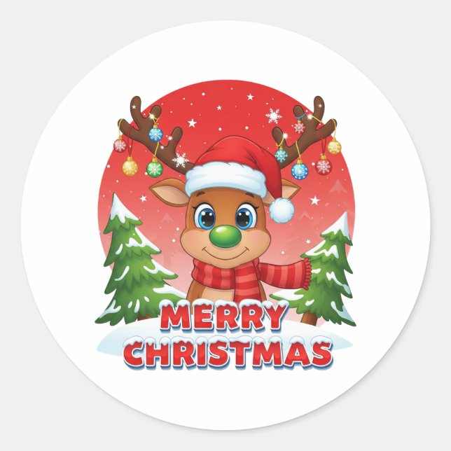 Cute Christmas Reindeer with Santa Hat Ornaments Runder Aufkleber (Vorderseite)