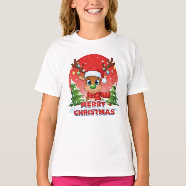 Cute Christmas Reindeer with Santa Hat Ornaments T-Shirt (Vorderseite)