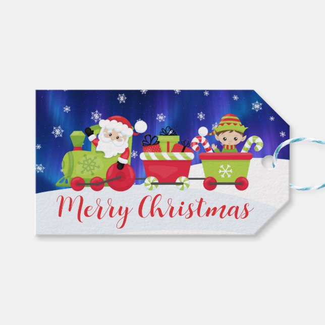 Cute Christmas Santa and Elf Train Geschenkanhänger (Vorderseite (Horizontal))