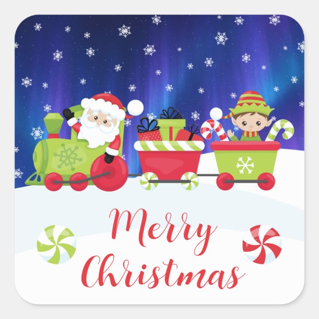 Cute Christmas Santa and Elf Train Quadratischer Aufkleber (Vorderseite)