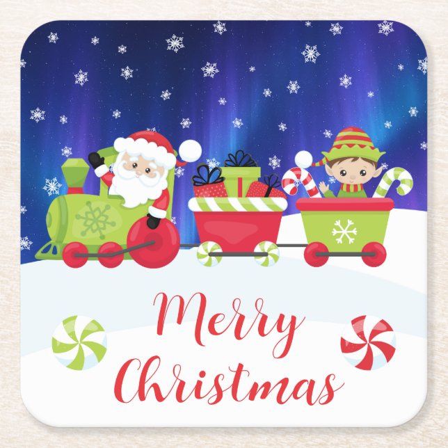 Cute Christmas Santa and Elf Train Rechteckiger Pappuntersetzer (Vorderseite)