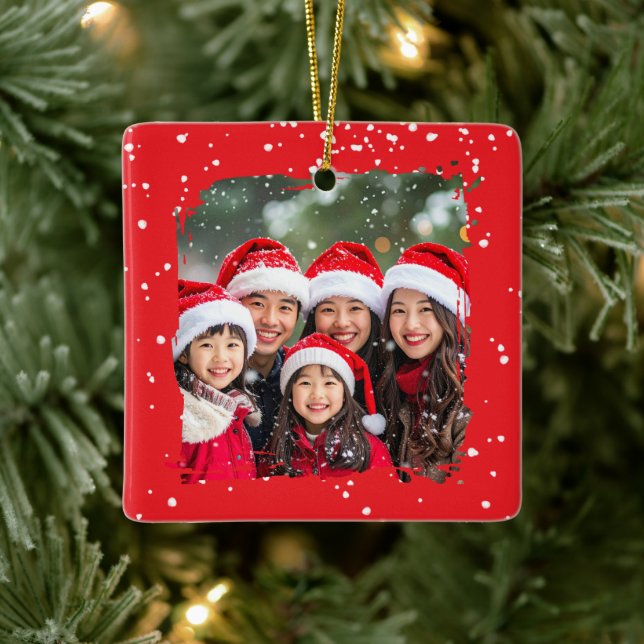 Cute Christmas Snow Family Photo Keramikornament (Baum)