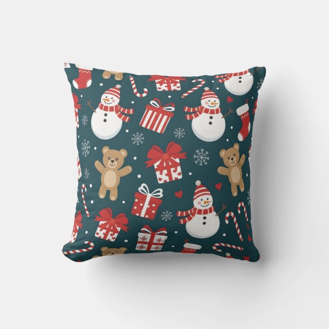 “Cute Christmas Snowman & Gifts Pattern Pillow” Kissen (Vorderseite)