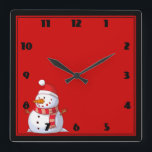 Cute Christmas Snowman Quadratische Wanduhr<br><div class="desc">A cute Christmas snowman who is kind of chubby and jolly wearing  a striped scarf and a red christmas hat. Festive and fun.</div>