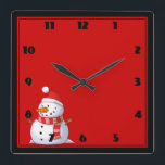 Cute Christmas Snowman Quadratische Wanduhr<br><div class="desc">A cute Christmas snowman who is kind of chubby and jolly wearing  a striped scarf and a red christmas hat. Festive and fun.</div>