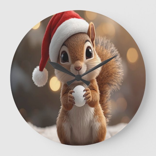 Cute Christmas Squirrel Wall Clock Große Wanduhr (Vorderseite)