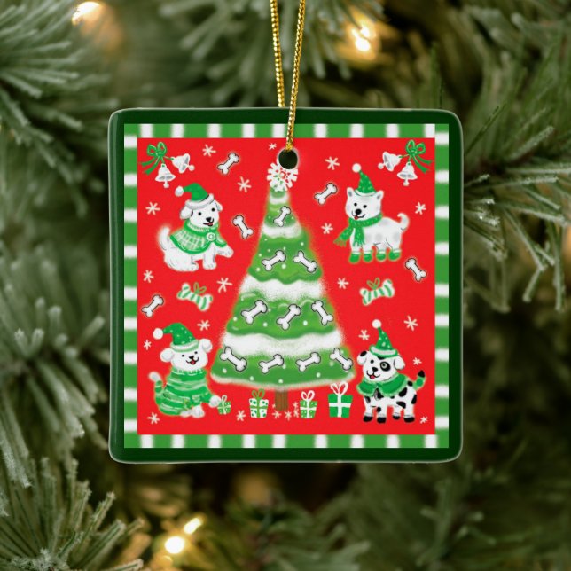 Cute Christmas Tree and Puppy Dogs with Bones Keramikornament (Baum)
