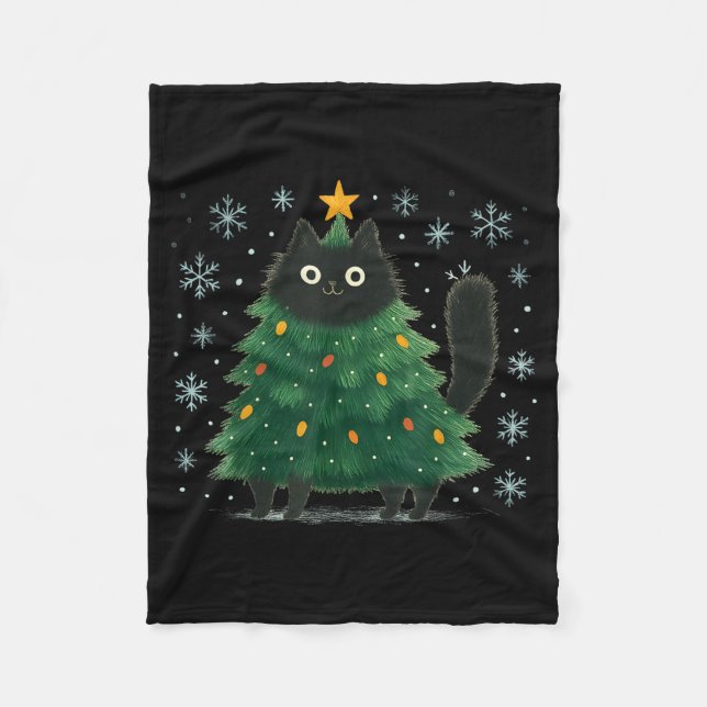 Cute Christmas Tree Cat Funny Holiday Snowflake  Fleecedecke (Vorderseite)