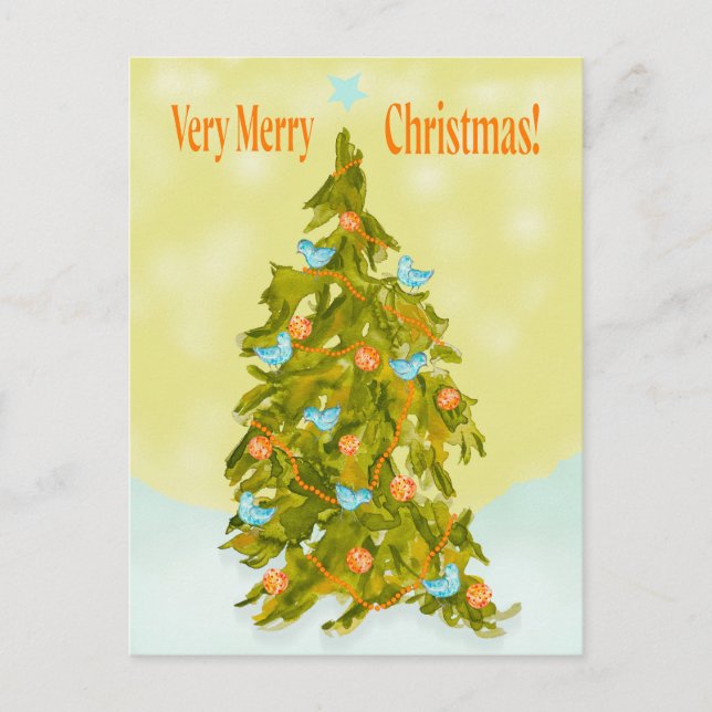 Cute Christmas Tree with Blue Birds Postkarte (Vorderseite)