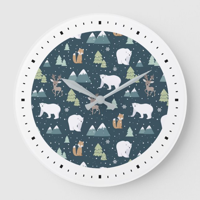 Cute Christmas Winter Animals Pattern Große Wanduhr (Vorderseite)