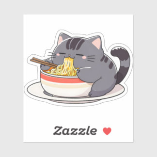 Cute Chubby Cat Enjoying Ramen Noodles Aufkleber