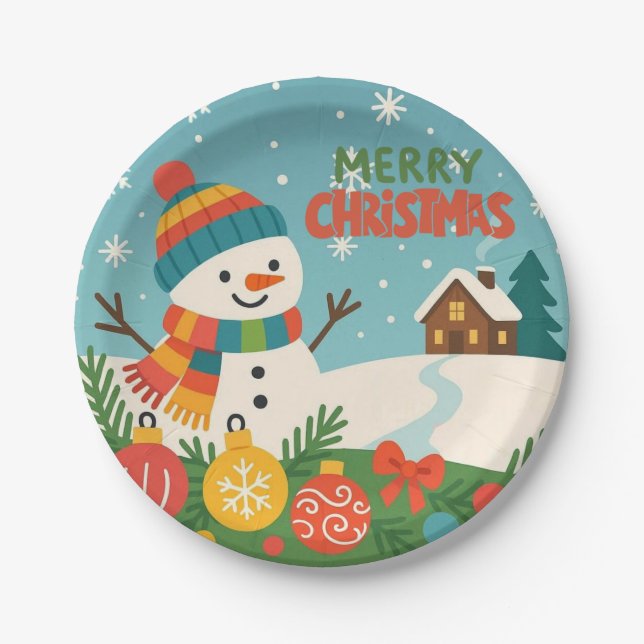 Cute, classic Merry Christmas snowman Pappteller (Vorderseite)